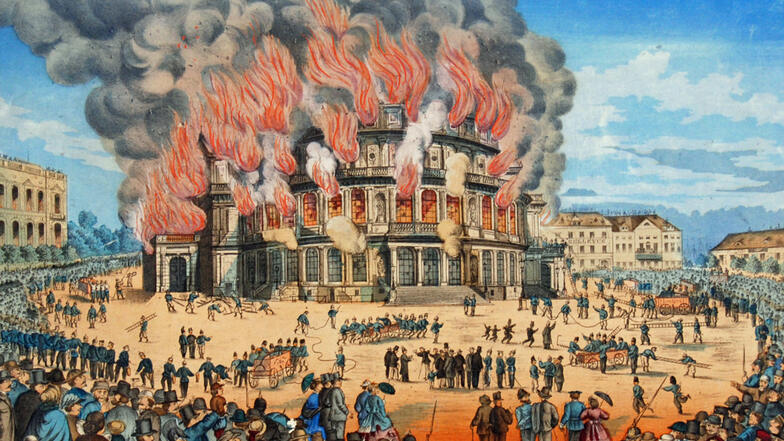 Gaffen vor 150 Jahren: Das brennende Opernhaus umringt von Zuschauern und Feuerwehrleuten.