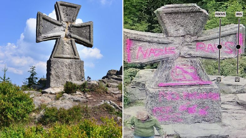 Das Gedenkkreuz auf dem Aussichtsturm Štěpánka haben Unbekannte mit "Nazis raus" beschmiert.