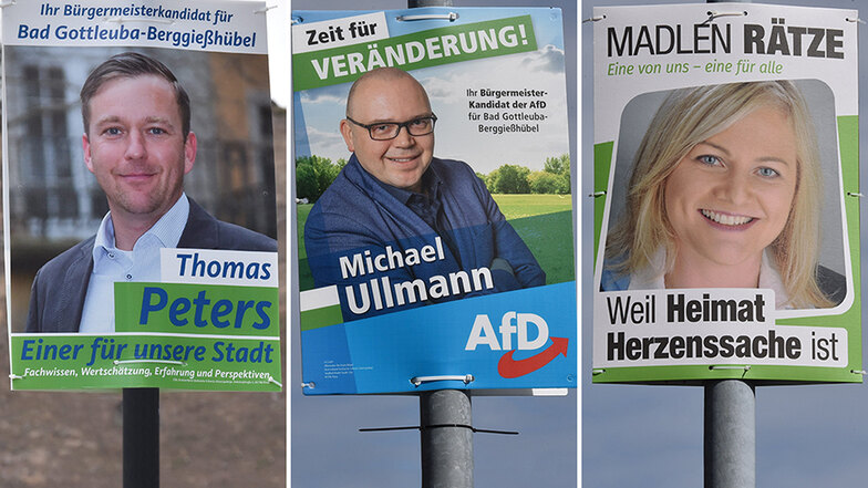 Die drei Kandidaten, ihre Wahlplakate - und ihre Ideen für mehr Zusammenhalt zwischen Stadt und Ortsteilen.