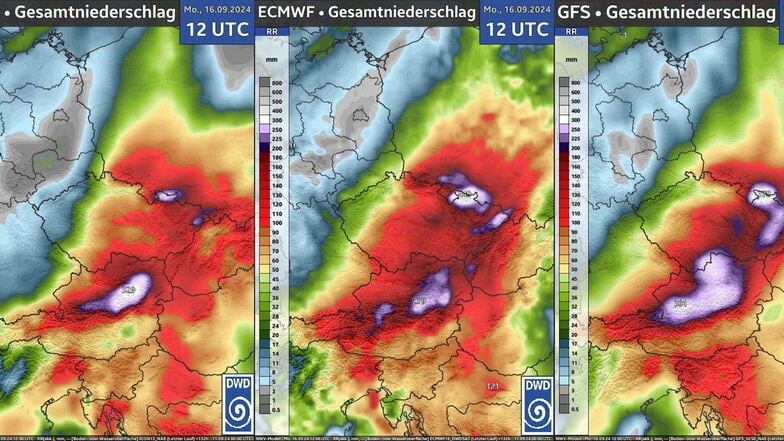 So sehen die drei wichtigsten Wettermodelle den Verlauf des Extremwetters: Icon aus Deutschland links, daneben das europäische und das amerikanische Modell.