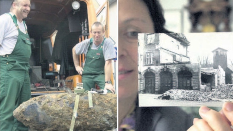 Zeugnisse der letzten Kriegstage: Bei Bauarbeiten an der Friedensstraße wurde am 18. August 2000 eine Fliegerbombe gefunden und geborgen (links).Die Leiterin des Stadtarchivs Zittau, Jutta Rothmann, zeigt ein Foto von der ausgebombten Feuerwache.
