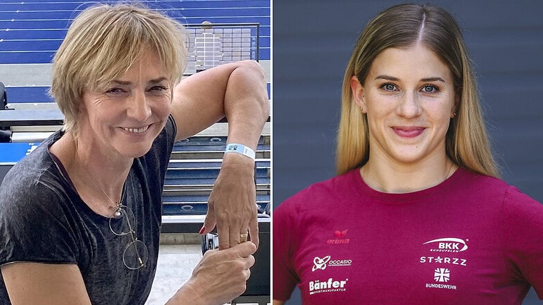 Die zweifache Olympiasiegerin im Weitsprung, Heike Drechsler (l.), und Turnerin Elisabeth Seitz gehören zu den Stargästen beim Sportabzeichentag in Kamenz am 6. September 2024.