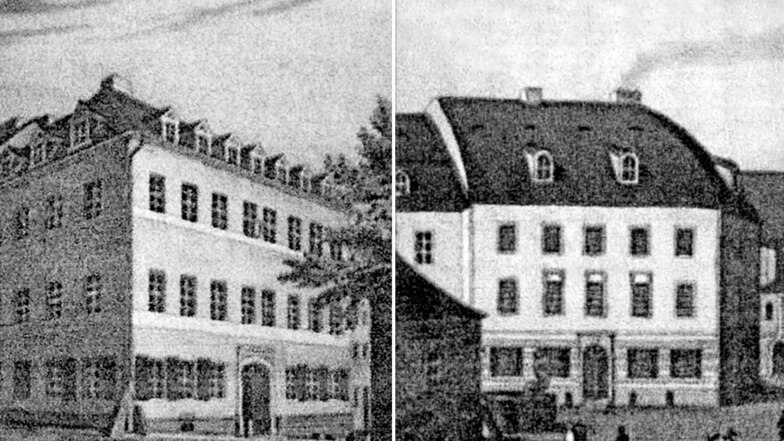 Zittaus Mädchenbürgerschule (links) und Zittaus Knabenbürgerschule in zeitgenössischen Darstellungen.