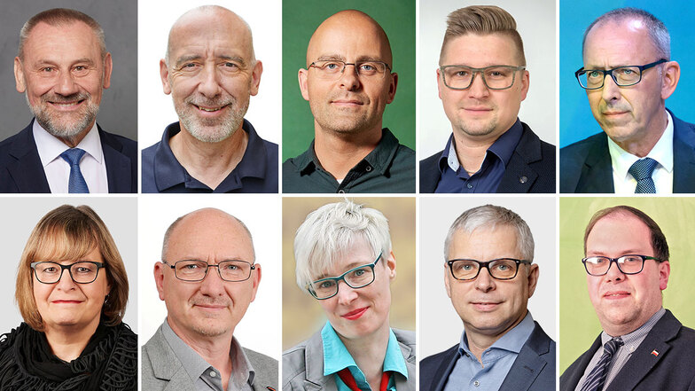 Direktkandidaten zur sächsischen Landtagswahl 2024 im Wahlkreis 56: Marko Schiemann, Alexander Ahrens, Christian Schäfer, Martin Nedo, Jörg Urban (oben v.l.) sowie Andrea Kubank, Peter Temme, Antje Tischer, Mike Hauschild, Philipp Hartel (unten v.l.).