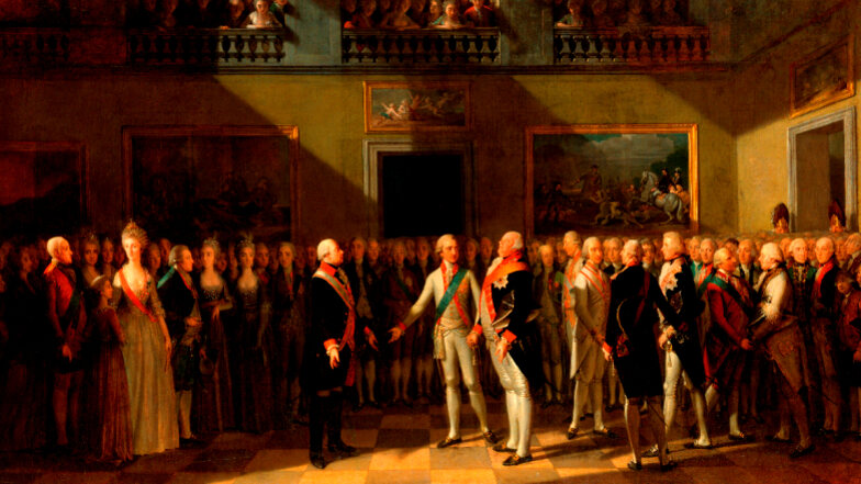 Dieses Gemälde von Johann Heinrich Schmidt zeigt das Monarchentreffen im August 1791. Mit dabei waren der Kaiser und die Könige von Preußen und Sachsen.