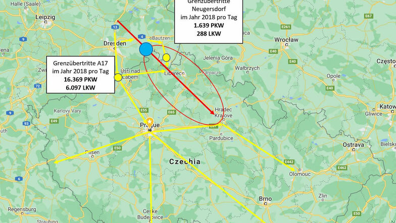 Die BI rechnet damit, dass ein Teil der Laster die gegenwärtig auf den gelben Strecken unterwegs sind und das rot markierte Gebiet versorgen, zur Abkürzung künftig durch Neustadt fahren..