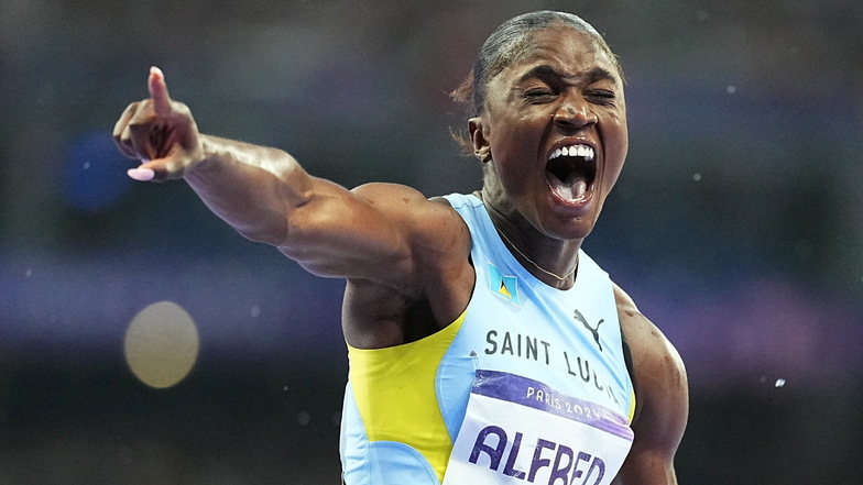 Die schnellste Frau - zumindest bei diesen Olympischen Spielen: Julien Alfred aus St. Lucia.