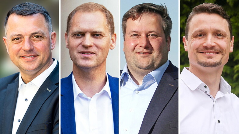 Udo Witschas (CDU), Frank Peschel (AfD), Alex Theile (Linke/SPD/Grüne) und Einzelbewerber Tobias Jantsch (v.l.) treten zur zweiten Runde der Landratswahl im Kreis Bautzen an.