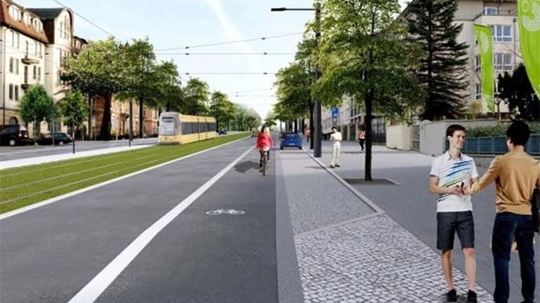 Zwischen Stauffenbergallee und der Kreuzung Bischofsweg rollt die Straßenbahn auf einem eigenen Gleiskörper. Dieser soll begrünt werden. Auch Radfahrer erhalten einen abgetrennten Weg, ebenerdig zur Straße.