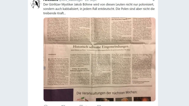 Ein Tweet vom 20. September 2019. Auch die Scheinidentität Lore Waldvogel interessierte sich für den Görlitzer Mystiker Jacob Böhme.
