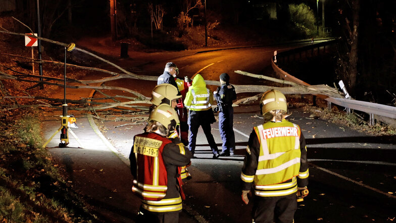 Ein Baum versperrte eine Straße in Tannenberg inm Erzgebirge. Die Feuerwehr kümmerte sich um die Beseitigung.