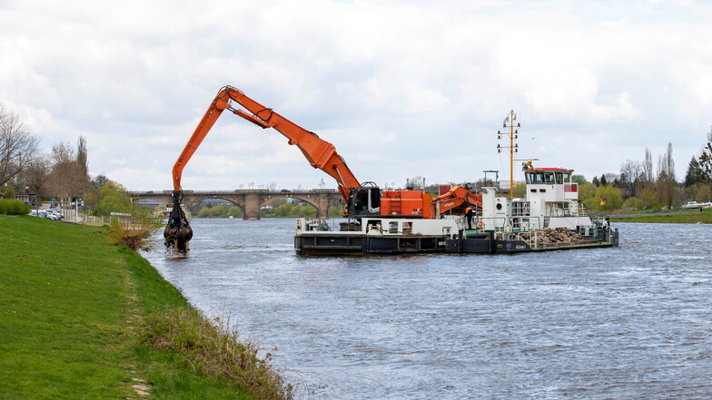 Schwimmgreifer "Meißen" beim Einsatz in Pirna: Weggerutschtes Material wird wieder am Ufer aufgeschüttet.