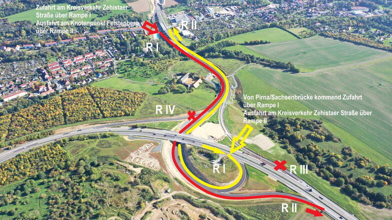 Derzeitige Verkehrsführung an der Südumfahrung: In roter und gelber Richtung kann die Trasse befahren werden, die Rampen mit dem roten Kreuz sind momentan gesperrt.
