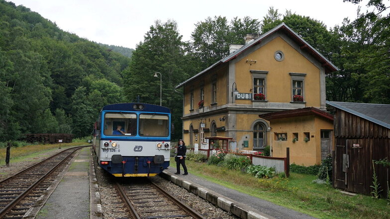 Ein Triebwagen der Eisenbahn Most-Moldava im Spitzkehrenbahnhof Dubí.