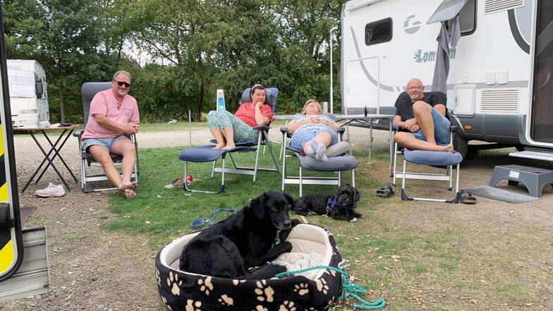 Die Familien Hansen und Scherzer plus Hunde beim Camping