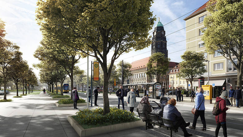 So soll der Promenaden-Abschnitt an der Straßenbahnhaltestelle am Pirnaischen Platz aussehen.