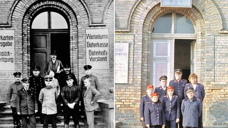 Das Bahnpersonal wurde 1935 vor dem Empfangsgebäude fotografiert. Damals gab es neue Uniformen, während die alten Zweireiher noch getragen werden durften. Rechts: Personal 1985. Da war sogar die alte Aufschrift Nikrisch noch gut lesbar.