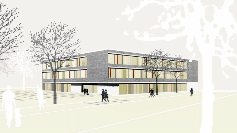 Die neue Oberschule nach den Plänen des Architekten Michael Auerbacher soll zwischen Harmonie- und Hermann-Ilgen-Straße entstehen. Auf dem vorgesehenen Bauplatz befinden sich derzeit noch der Verwaltungssitz der Besitzgesellschaft und eine Kita.