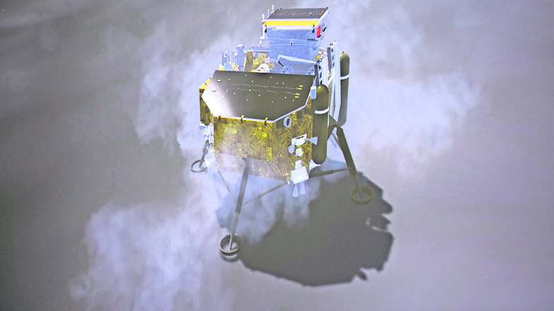 Weich aufgesetzt: Die Computersimulation aus dem Pekinger Kontrollzentrum zeigt die Landung von „Chang’e 4“ am Aitken-Krater am Südpol des Mondes.