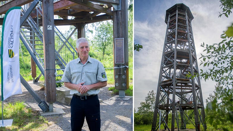 Imposant ragt der Haselbergturm in der Königsbrücker Heide in die Höhe. Er ist 34 Meter hoch. Kaj Krumbiegel von der Verwaltung des Naturschutzgebietes hat schon vielen Besuchern die Landschaft vom Turm aus gezeigt.