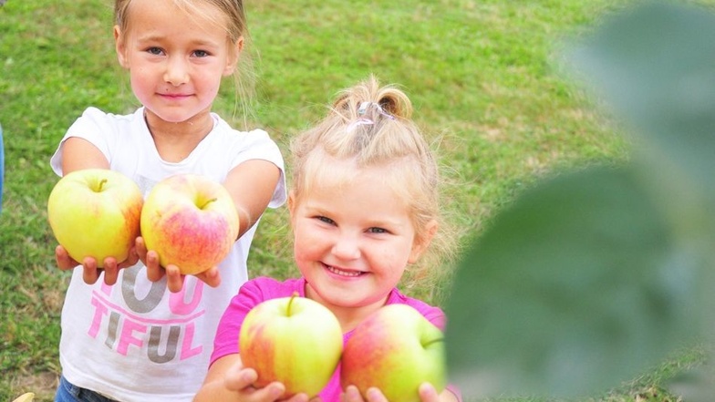 Clea (5) und Paulina (4) (v.li.) sind ganz entzückt über die leckeren Äpfel.