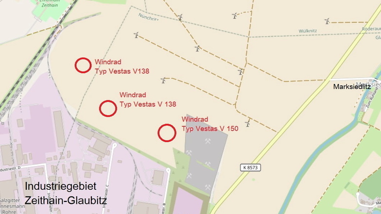 Die roten Kreise markieren in etwa die Standorte, wo die drei neuen Windräder errichtet werden sollen.