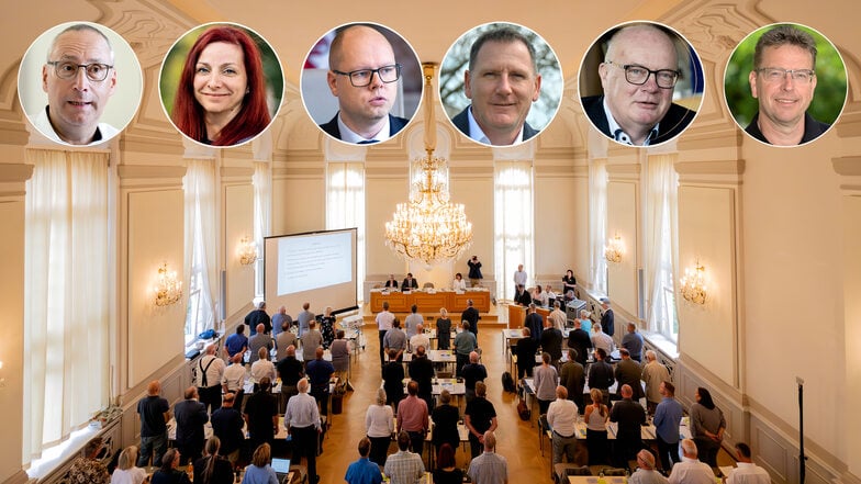 Nach der ersten Sitzung des Bautzener Kreistages: Karsten Vogt, Christin Schumann, Dawid Statnik, Michael Seidel, Thomas Martolock und Matthias Grahl (v.l.) von der CDU äußern sich zu ihrem Abstimmungsverhalten zu einem AfD-Antrag.