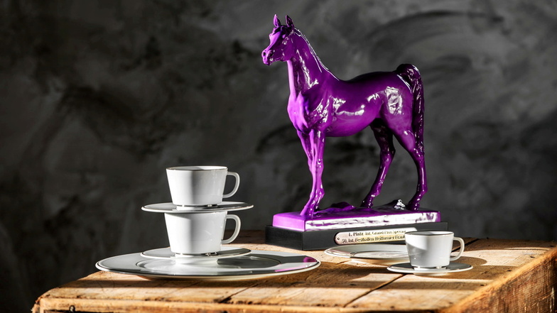 Eine besondere, lilafarbene Version der Plastik "Araber" stellt den Ehrenpreis dar, den die Porzellanmanufaktur zur Verfügung stellt. Es ist nicht das einzige lila Pferd vor Ort.