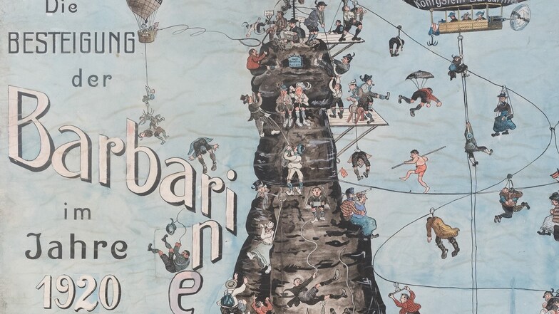 Auf in die Sächsische Schweiz! Walter Hahns Karikatur „Die Erstürmung der Barbarine“ nimmt 1920 schon den Massentourismus aufs Korn. Das Wimmelbild ist eine Leihgabe von Ernst Hirsch aus Dresden.