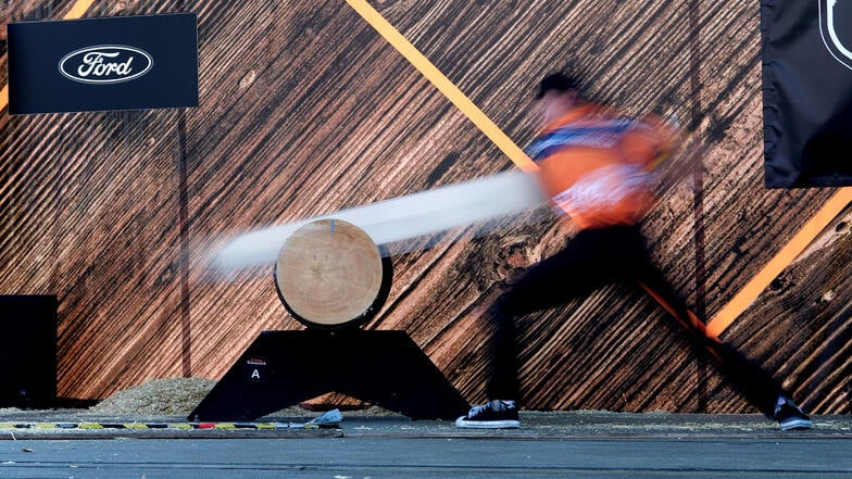 Ein Athlet sägt in der Disziplin Single Buck einen Baumstamm. Die besten Sportholzfäller treten zur Deutschen Meisterschaften im Timbersports gegeneinander an.