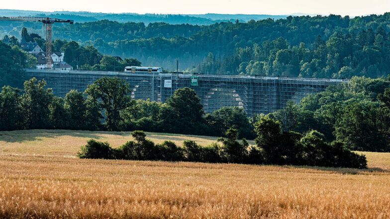 Ein Koloss, eingebettet im satten Grün des Sommers: die Elstertalbrücke führt in 68 Metern Höhe 270 Meter lang über das Tal der Weißen Elster.
