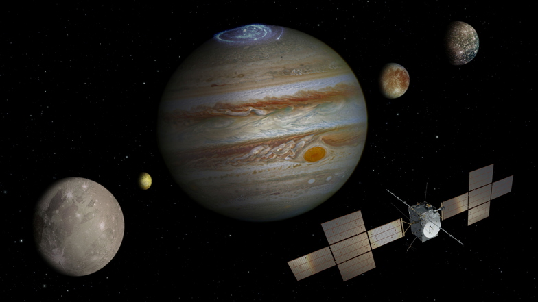 Die nicht maßstabsgetreue Abbildung zeigt die Sonde Juice, Jupiter (M) und die Monde Ganymed (l-r), Io, Europa und Kallisto. Der Start der Sonde ist für Donnerstag vom Weltraumbahnhof Kourou in Französisch Guayana geplant.