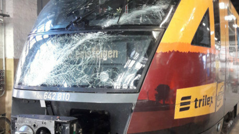 Der im Juli beim Zusammenstoß mit einem Baum beschädigte Oberlausitz-Express. Auf dem Zug der Länderbahn sind viele Zittauer Werbemotive aufgedruckt.