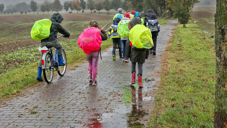 Langer Schulweg wegen einer Straßensperrung: Bei Wind und Wetter laufen die Schulkinder über einen Radweg in den Lawalder Ortsteil Sand.