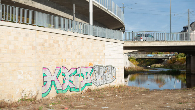 Bereits 15.000 Euro hat die Landestalsperrenverwaltung ausgegeben, um wilde Graffiti am Weißeritzknick zu entfernen.