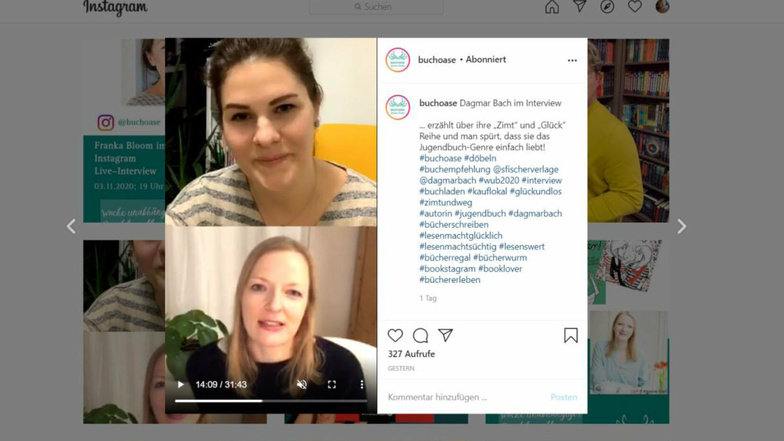 Seit Ende Oktober sind auf der audiovisuellen Plattform Instagram täglich neue Buch-Oase-Interviews mit verschiedenen Autoren – hier mit Dagmar Bach – abrufbar, zu jeder Tageszeit frei ins Wohnzimmer und für die ganze Familie.