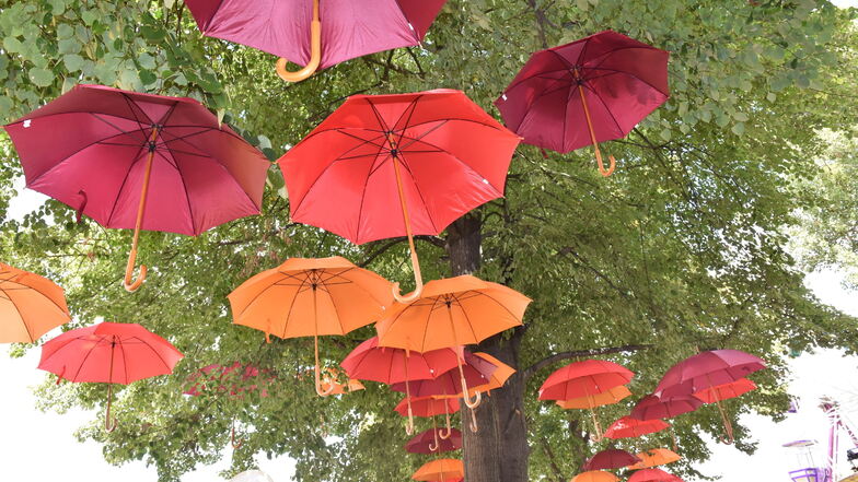 Da hängt der Himmel voller Regenschirme - durchaus passend zum Wechsel von Sonnenschein und Regenhuschen.