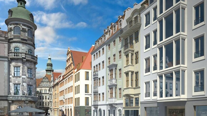 Blick auf die Fassaden (r), die das neue Quartier 7.1 am Neumarkt in Dresden zur Schlossstraße (M) hin abschließen.