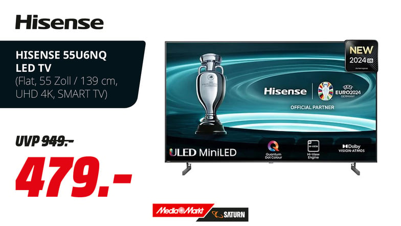 Du suchst nach einem hochwertigen, aber preisgünstigen Fernseher? Dann ist der Hisense 55U6NQ LED TV genau das Richtige für dich! Mit einer Bildschirmgröße von 55 Zoll und UHD 4K-Auflösung bietet er eine hervorragende Bildqualität, die dich begeistern wird. Genieße gestochen scharfe Bilder und lebendige Farben – ideal für Gaming-Nächte oder Filmabende mit Freunden!