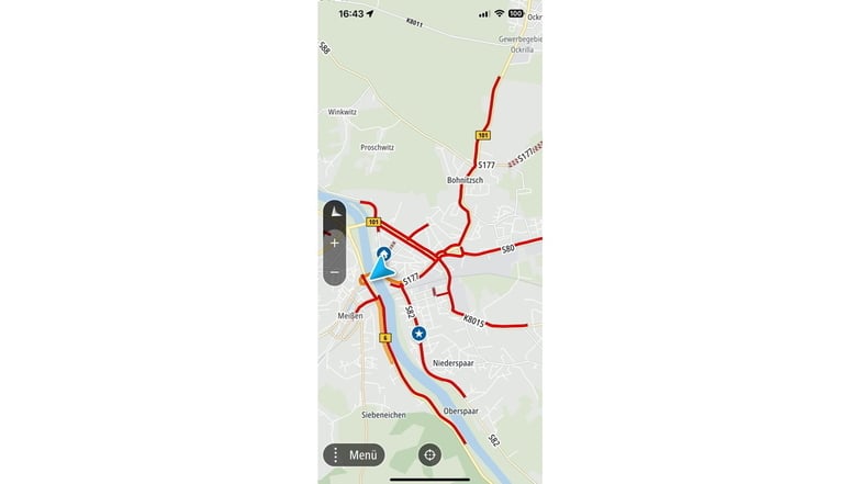 Screenshot vom Navi am Montag. Alle wichtigen Straßen in Meißen waren zu.