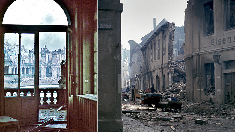 Dresden kurz nach dem Bombenangriff im Februar 1945: Blick aus dem Mathematisch-Pysikalischen Salon in den Zwingerhof (l.). An der Ecke Körnerstraße/Palaisgäßchen retten Einwohner ein paar Möbel.