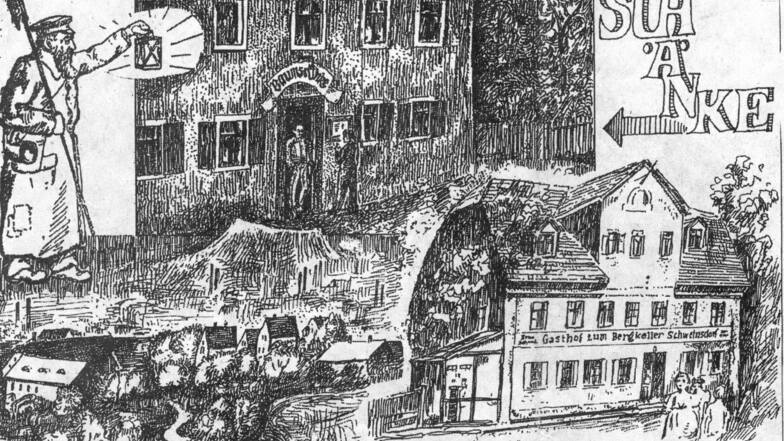 Schweinsdorfer Bilderbogen, gestaltet von Siegfried Huth. Man sieht unter anderem die Baumschänke, ein Stück des Ortsbildes und Nachtwächter Otto.