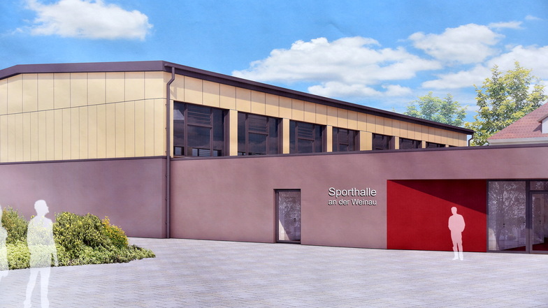 Die bereits fast fertige neue Turnhalle an den Weinau-Schulen - hier noch als Grafik - ist nur eine von dutzenden Investitionen, die Zittau bis 2025 plant.