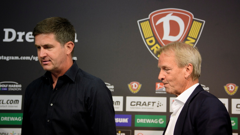 Am 1. Juli 2020 stellte Dynamos Aufsichtsratsvorsitzender Jens Heinig (rechts) den neuen Sportgeschäftsführer vor: Ralf Becker. Knapp vier Jahre später erklärt er dessen Beurlaubung.