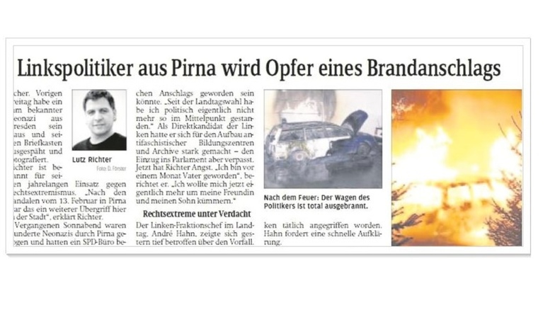 Bericht in der Sächsischen Zeitung vom 19. Februar 2010 über den Brandanschlag auf Lutz Richters Auto: Die Täter gingen straffrei aus.