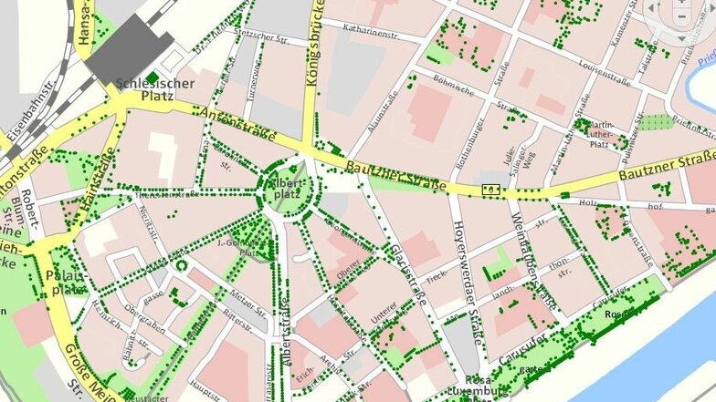 Jeder kleine grüne Punkt ist ein Baum, wie er im Themenstadtplan angezeigt wird.