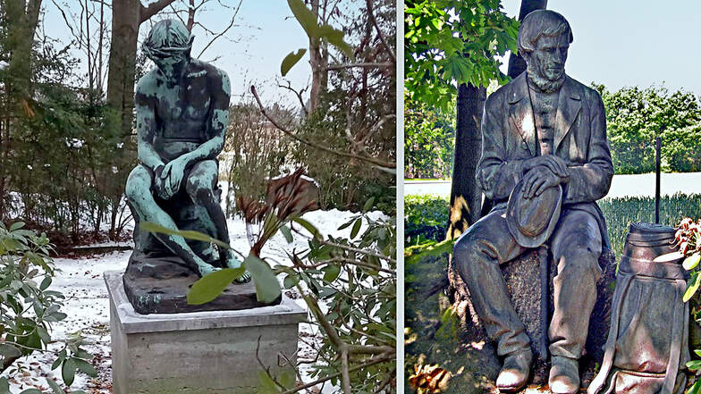 Der mutmaßliche Dieb der Jesus-Statue (links) sitzt in Haft. Auch die Leineweber-Figur (rechts) ist vom Neugersdorfer Friedhof verschwunden.