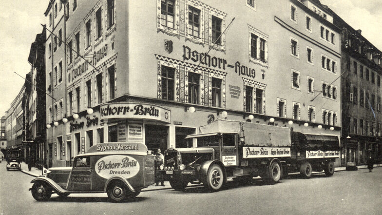 Bayerisches Bier hat Tradition in Dresden, wie diese Postkarte etwa aus dem Jahr 1935 zeigt: In der Schreibergasse gab es einen Spezial-Ausschank von Pschorr-Bräu.