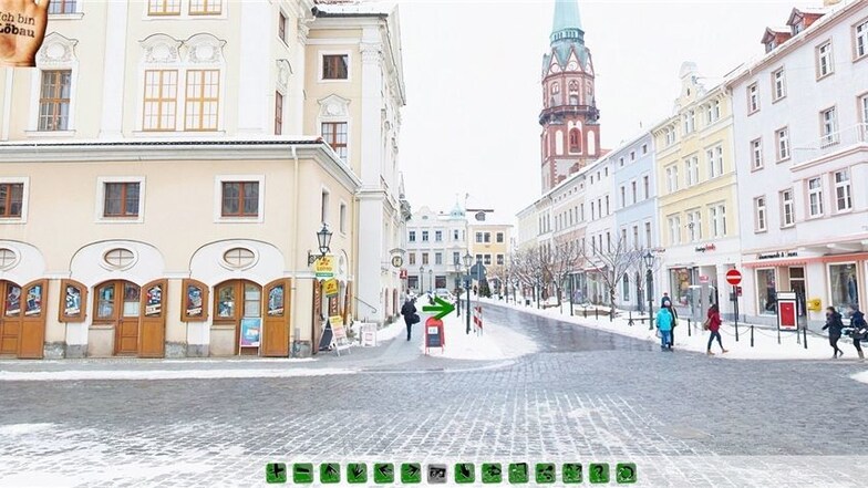 So sieht der virtuelle Stadtrundgang in Blickrichtung Nicolaistraße aus. Per Mausklick kann man sich quer durch die Stadt bewegen.