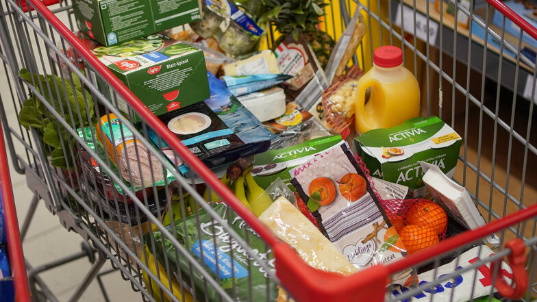 Ein Einkaufswagen voller Lebensmittel im Supermarkt. Die Kunden merken die anziehende Inflation. Die Preise stiegen im Dezember in Sachsen um 5,1 Prozent. Bei Lebensmittel waren vor allem Gemüse, Speisefette, Molkereiprodukte und Brot die Preistreiber.